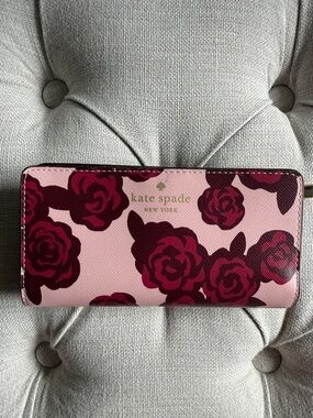 kate spade pink floral zip-around wallet with burgundy roses